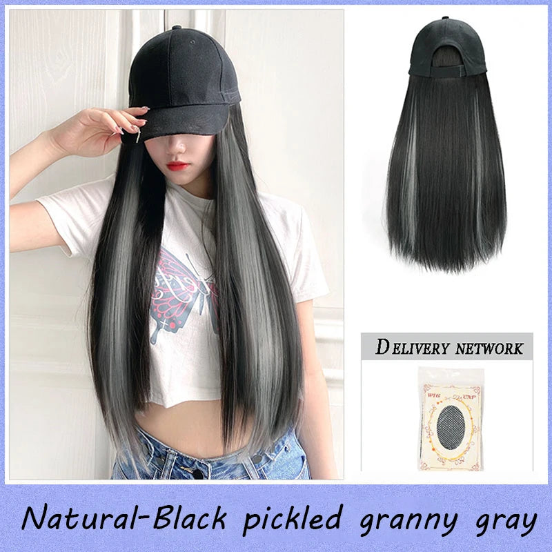 Baseball cap wig Synthetic Wigs With White Black Hat Long Straight Hair Wigs For Women connect Hat One Piece Wig Hat adjustable