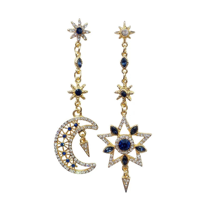 Boucles d'oreilles asymétriques en forme d'étoile et de lune, élégantes et tendance, couleur argent, longues et scintillantes, personnalisées