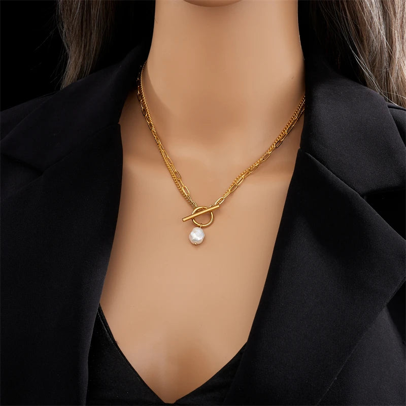 DIEYURO Collier avec pendentif en perles en acier inoxydable 316L avec fermoir OT pour femmes et filles, chaîne à 2 couches, bijoux cadeaux de fête