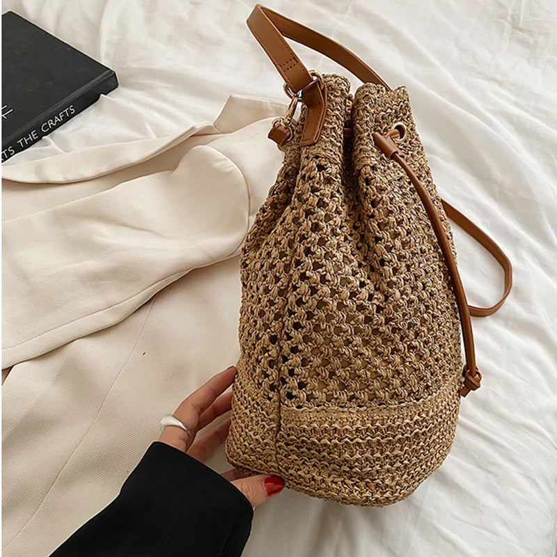 Sac seau en paille tressée pour femme, sac à bandoulière, sac de plage d'été, sac de voyage rétro, petit sac à main et sac à main pour femme