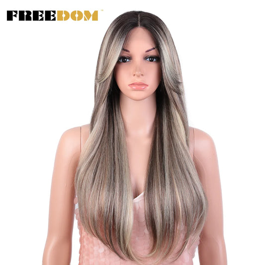 FREEDOM Synthetic Lace Front Wigs For Black Women 26 inch Straight Wigs Ombre Blond Cosplay Wig Synthetic Lace Wig With Bangs