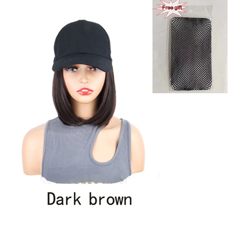 8Inch Synthetic Short Straight Wig Heat Resistant Fiber Stylish Girls' Baseball Hat Wig with Natural  Hair Peaked Cap