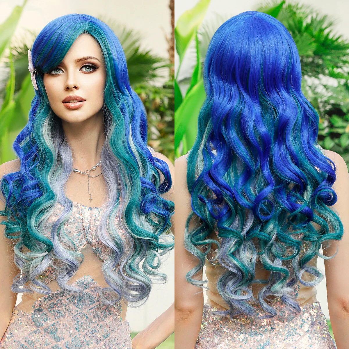 Aquamarine Wig Synthetic Long Curly Orange Red Mermaid Wig with Bangs Loose Body Wave Wigs for Women Halloween Party Cosplay Wig
