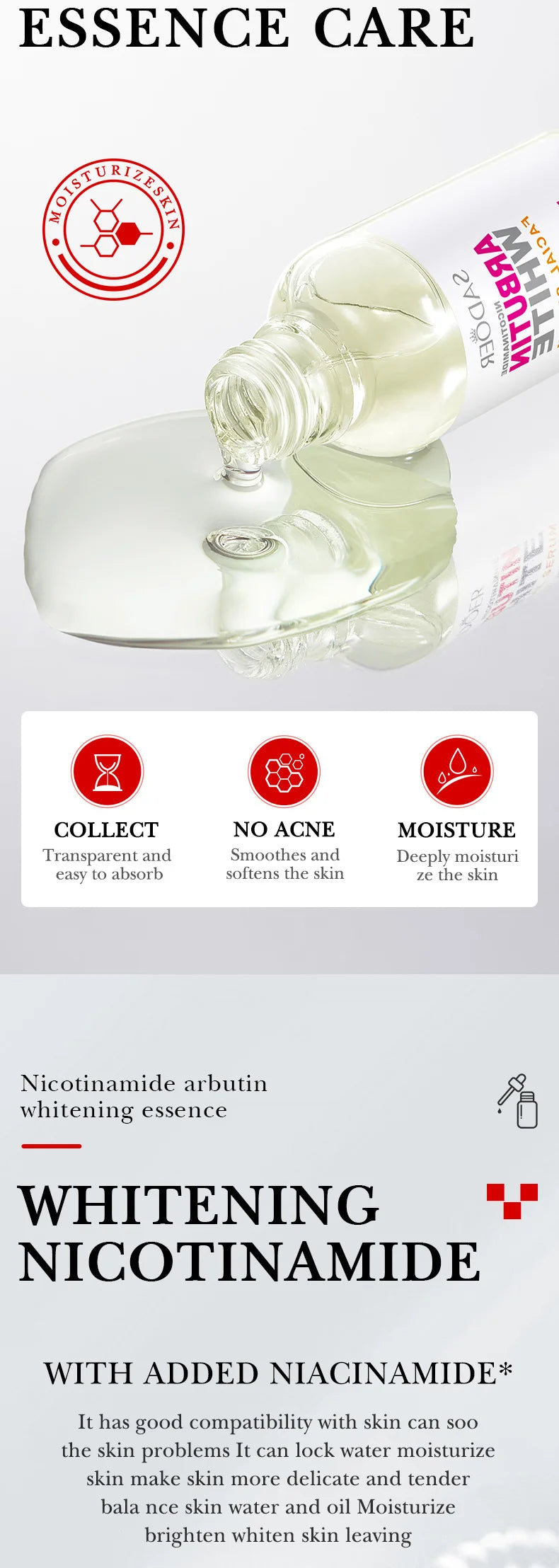 Lot de 3 sérums éclaircissants à l'arbutine pour le visage, hydratants, éclaircissants et raffermissants, essences pour le visage, soins de la peau