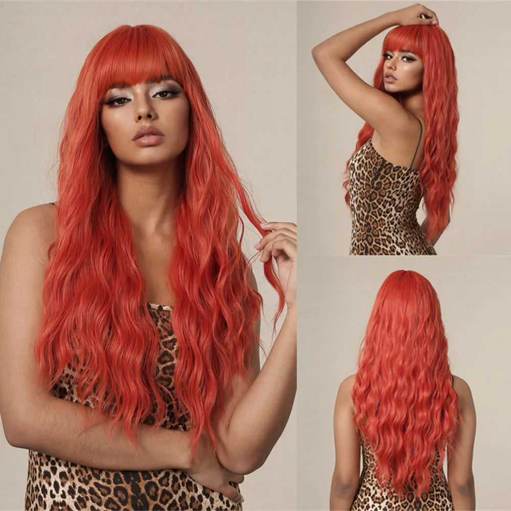 HENRY MARGU Red Synthetic Wigs Long Body Wavy Wig Natural Hairline Daily Red Hair Heat Resistant Fiber Smooth Party Cosplay Wig