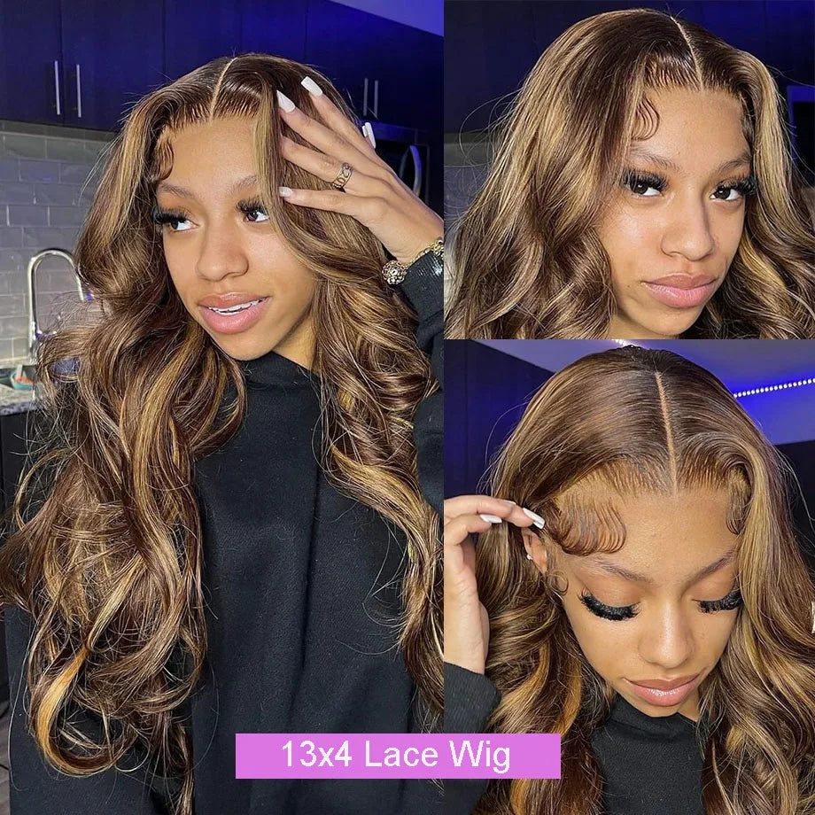 Perruque Body Wave naturelle à reflets ombrés, 30 à 32 pouces, perruques colorées 13x4 et 13x6 HD pour femmes noires