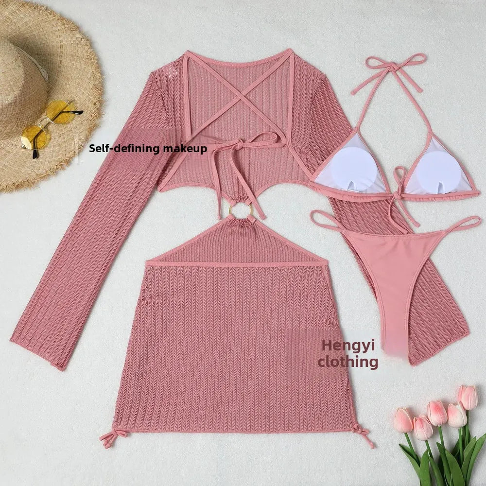 2025 New Cross-Border Tie-Dye Bikini Three-Piece Set Women's Net Sunshade Cover up Beach Skirt Suit Sportswear And Bag Accessori