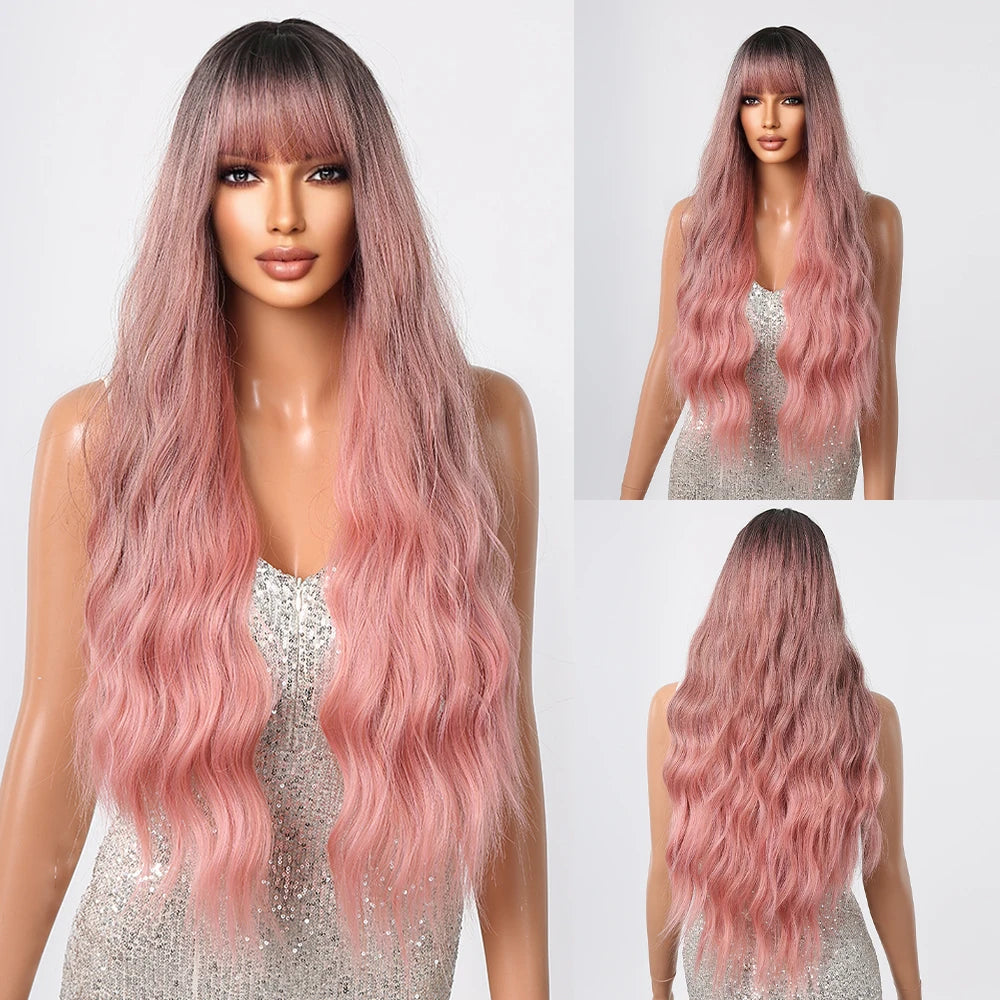 ALAN EATON Brown Highlight Synthetic Wigs with Bangs for Black Women Long Ombre Honey Brown Wave Wig Heat Resistant Hair Natural