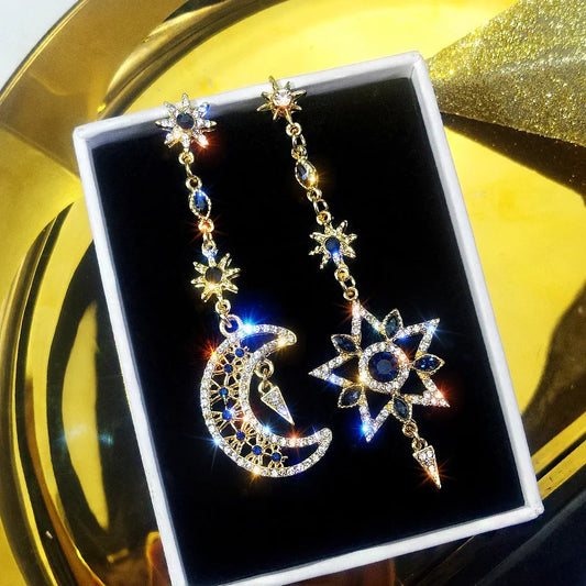 Boucles d'oreilles asymétriques en forme d'étoile et de lune, élégantes et tendance, couleur argent, longues et scintillantes, personnalisées