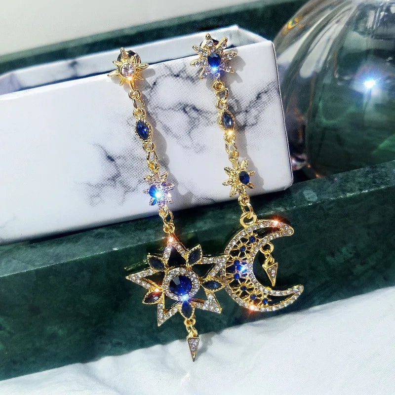Boucles d'oreilles asymétriques en forme d'étoile et de lune, élégantes et tendance, couleur argent, longues et scintillantes, personnalisées