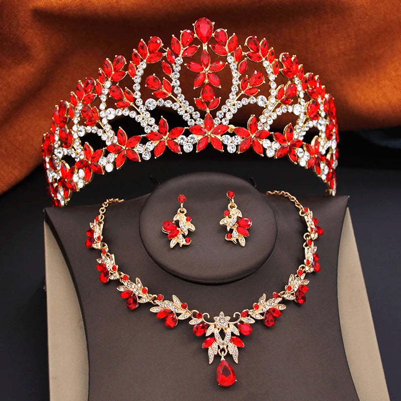 Ensembles de bijoux de mariée pour femmes, diadèmes de mariage de la reine royale, 3 pièces, collier, boucles d'oreilles et couronne, ensembles de mariée, accessoires de costume