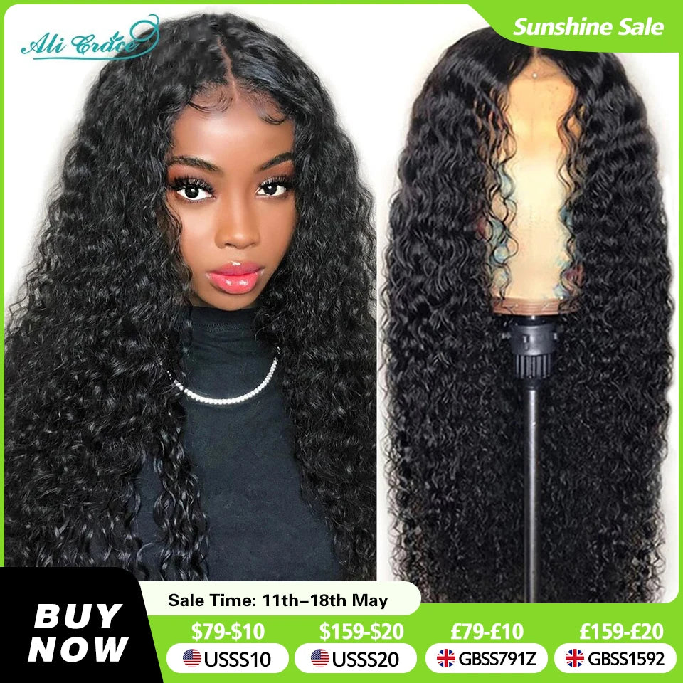 Ali Grace Hair Brazilian Kinky Curly Human Hair Wigs Pre-Plucked 13x4 Lace Frontal Wig Remy Hair Deep Curly 4x4 Lace Closure Wig