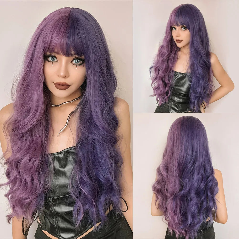 ALAN EATON Brown Highlight Synthetic Wigs with Bangs for Black Women Long Ombre Honey Brown Wave Wig Heat Resistant Hair Natural