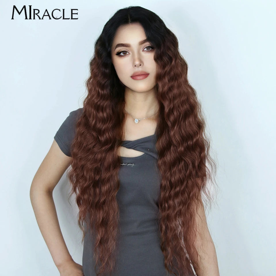MIRACLE Synthetic Lace Front Wig 30'' Water Wave Lace Frontal Wig for Women Red Blonde Cosplay Lace Wig Female Fake Hair