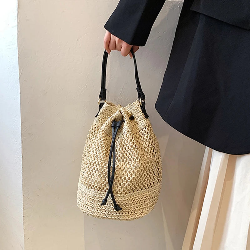 Sac seau en paille tressée pour femme, sac à bandoulière, sac de plage d'été, sac de voyage rétro, petit sac à main et sac à main pour femme
