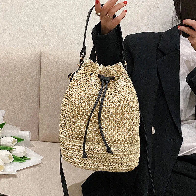 Sac seau en paille tressée pour femme, sac à bandoulière, sac de plage d'été, sac de voyage rétro, petit sac à main et sac à main pour femme