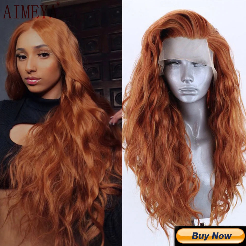 AIMEYA Ginger Synthetic Lace Wigs for Black Women Natural Hairline Synthetic Lace Frontal Wig Heat Resistant Fiber Orange Wigs