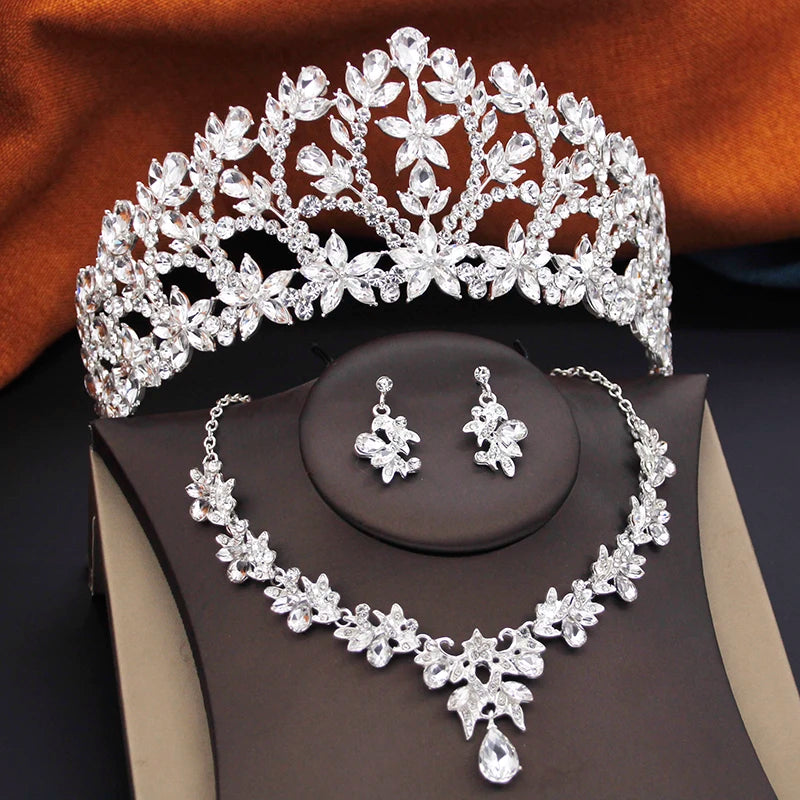 Ensembles de bijoux de mariée pour femmes, diadèmes de mariage de la reine royale, 3 pièces, collier, boucles d'oreilles et couronne, ensembles de mariée, accessoires de costume