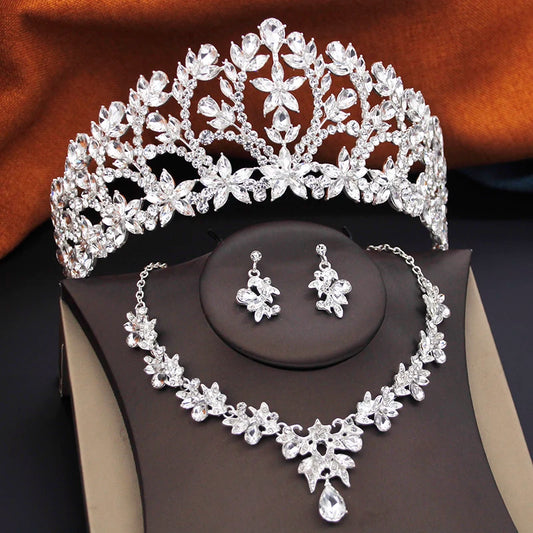 Ensembles de bijoux de mariée pour femmes, diadèmes de mariage de la reine royale, 3 pièces, collier, boucles d'oreilles et couronne, ensembles de mariée, accessoires de costume