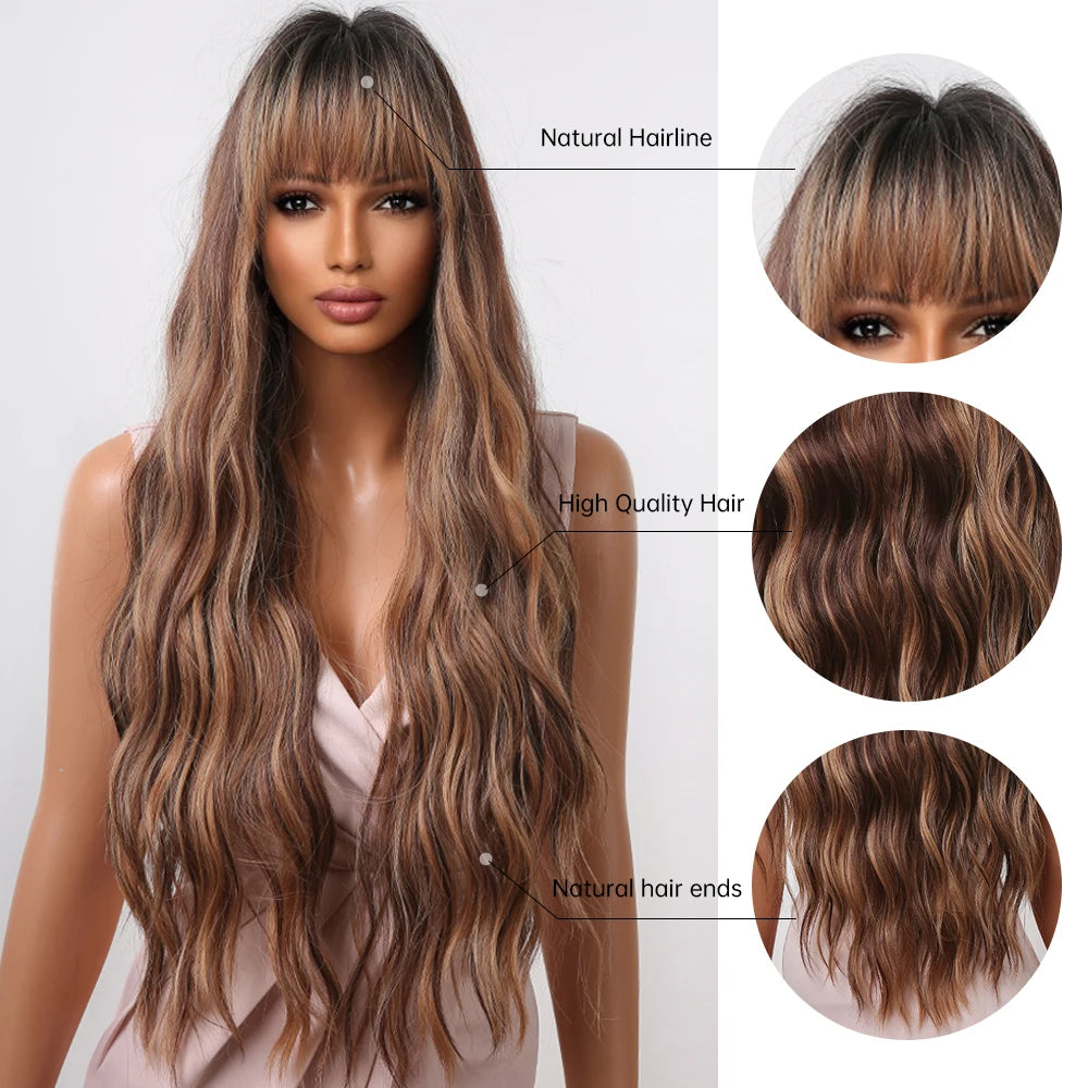 ALAN EATON Brown Highlight Synthetic Wigs with Bangs for Black Women Long Ombre Honey Brown Wave Wig Heat Resistant Hair Natural