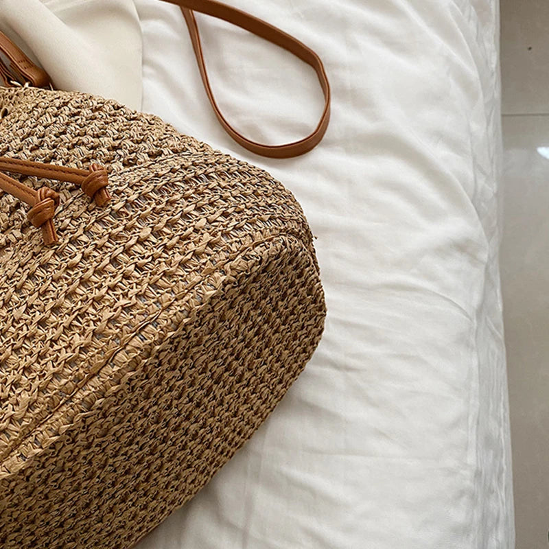Sac seau en paille tressée pour femme, sac à bandoulière, sac de plage d'été, sac de voyage rétro, petit sac à main et sac à main pour femme