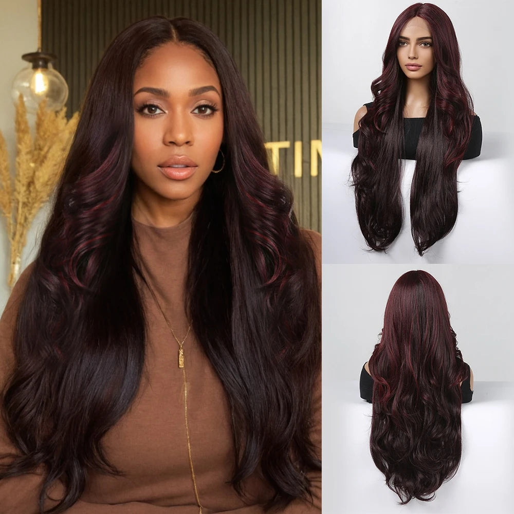 Lace Front Synthetic Wigs Yaki Wavy Auburn Reddish Brown Lace Front Wigs for Balck Women Daily Party Heat Resistant 13x4x1 Lace