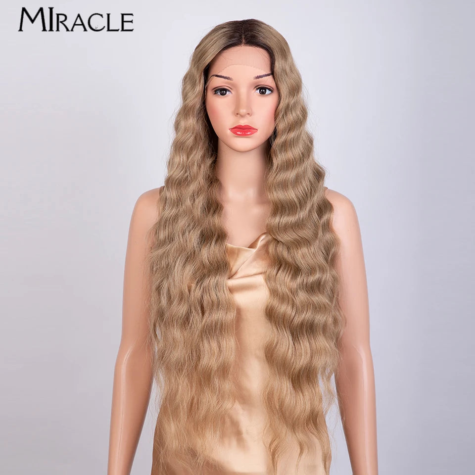MIRACLE Synthetic Lace Front Wig 30'' Water Wave Lace Frontal Wig for Women Red Blonde Cosplay Lace Wig Female Fake Hair
