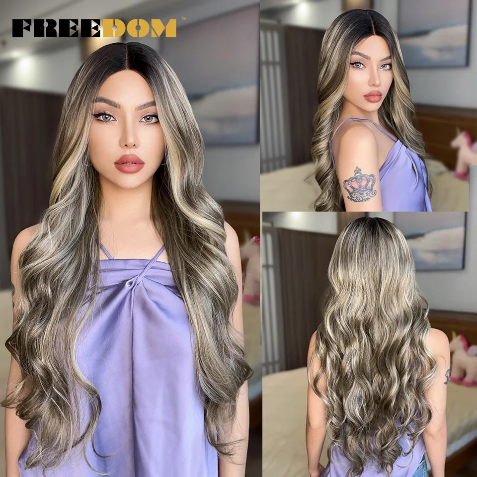 FREEDOM Synthetic Lace Front Wigs For Women 30 inch Long Body Wave T Part Lace Wigs Ombre Blonde Brown Wig Cosplay Wigs
