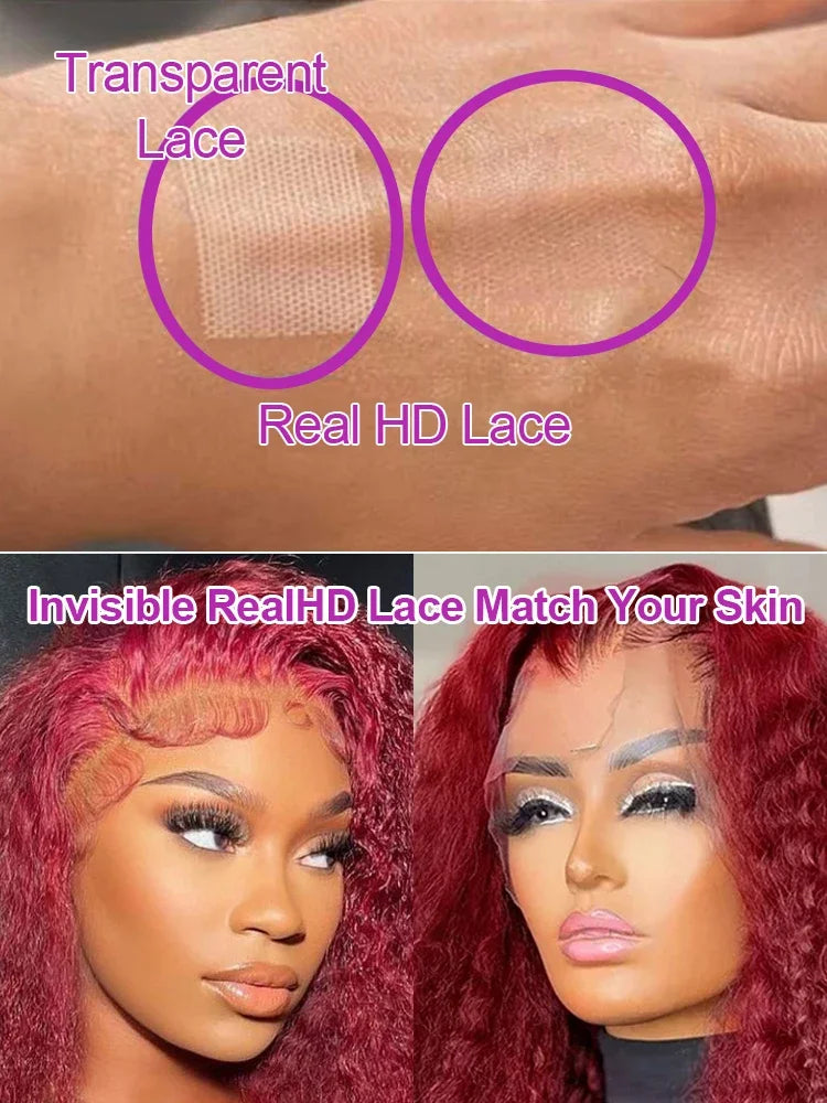 Red Colored 13x6 Deep Wave 250 Density 99J Burgundy Human Hair Lace Frontal Wigs 30 40 Inch Curly Wig Brazilian For Women