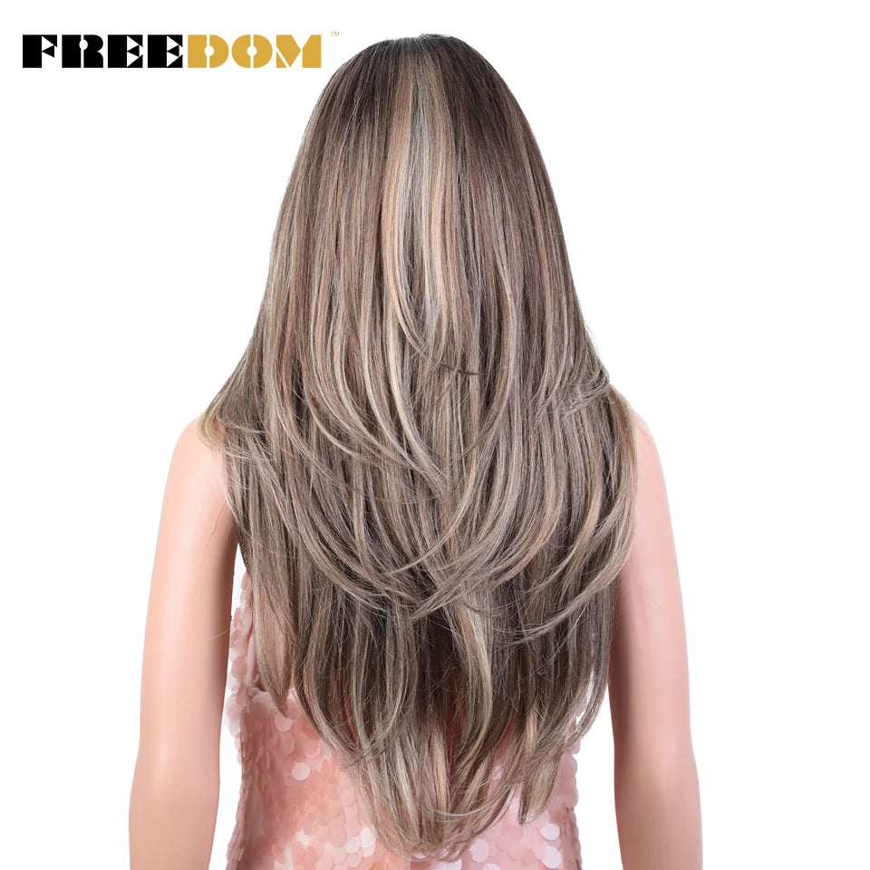 FREEDOM Synthetic Lace Front Wigs For Black Women 26 inch Straight Wigs Ombre Blond Cosplay Wig Synthetic Lace Wig With Bangs