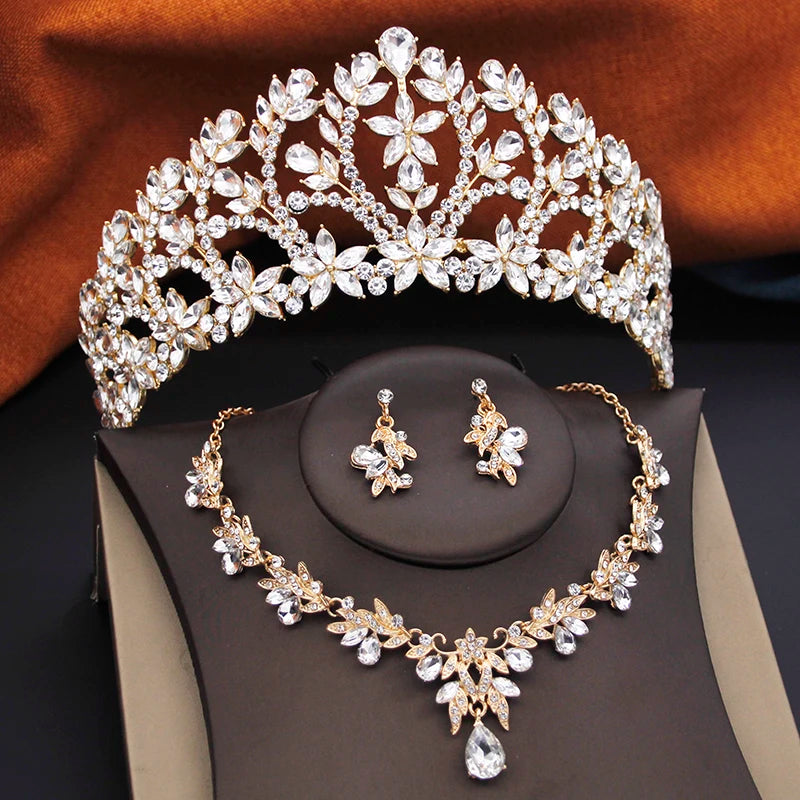 Ensembles de bijoux de mariée pour femmes, diadèmes de mariage de la reine royale, 3 pièces, collier, boucles d'oreilles et couronne, ensembles de mariée, accessoires de costume