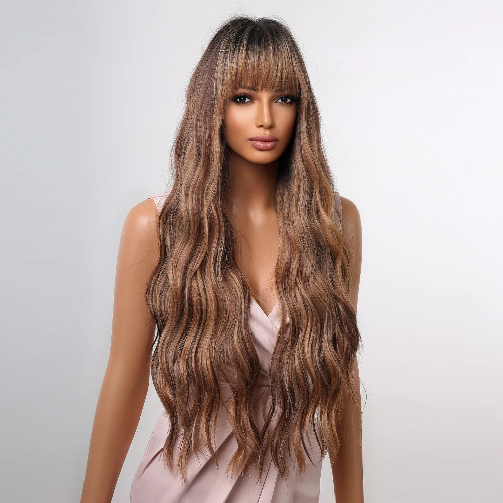 ALAN EATON Brown Highlight Synthetic Wigs with Bangs for Black Women Long Ombre Honey Brown Wave Wig Heat Resistant Hair Natural