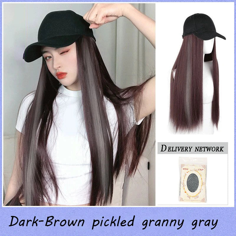 Baseball cap wig Synthetic Wigs With White Black Hat Long Straight Hair Wigs For Women connect Hat One Piece Wig Hat adjustable