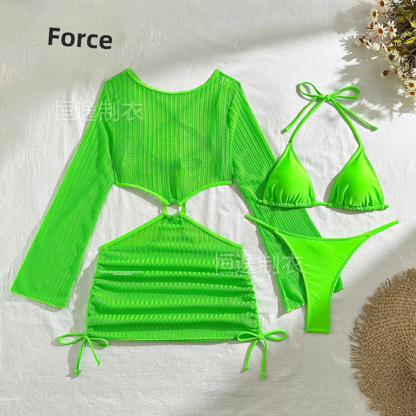 2025 New Cross-Border Tie-Dye Bikini Three-Piece Set Women's Net Sunshade Cover up Beach Skirt Suit Sportswear And Bag Accessori