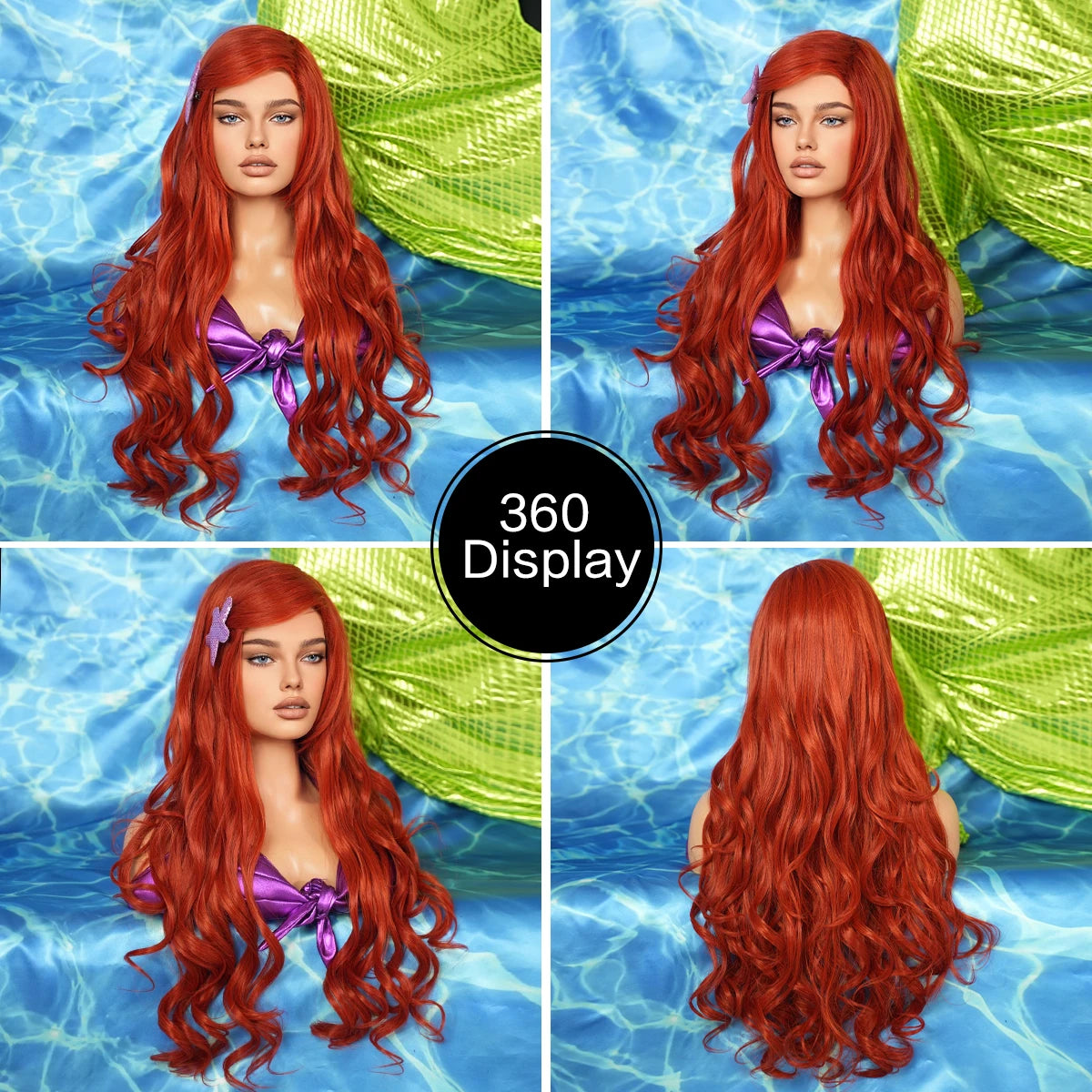 Aquamarine Wig Synthetic Long Curly Orange Red Mermaid Wig with Bangs Loose Body Wave Wigs for Women Halloween Party Cosplay Wig