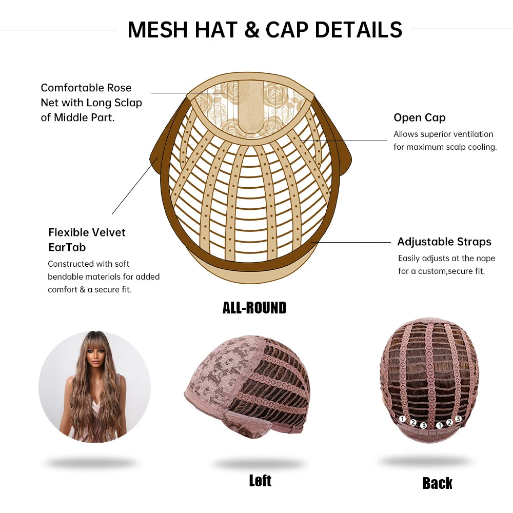 ALAN EATON Brown Highlight Synthetic Wigs with Bangs for Black Women Long Ombre Honey Brown Wave Wig Heat Resistant Hair Natural