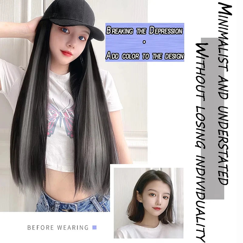 Baseball cap wig Synthetic Wigs With White Black Hat Long Straight Hair Wigs For Women connect Hat One Piece Wig Hat adjustable