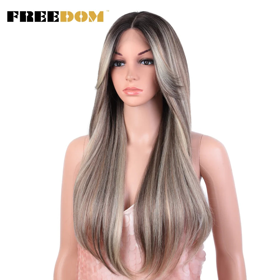FREEDOM Synthetic Lace Front Wigs For Black Women 26 inch Straight Wigs Ombre Blond Cosplay Wig Synthetic Lace Wig With Bangs