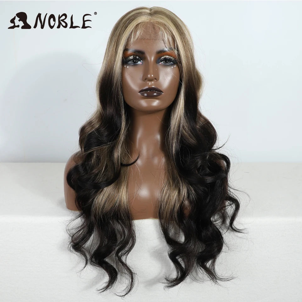 Noble Lace Front Wig Synthetic 28“ Highlight Honey Brown Body Wave Wig Blonde Wigs For Women Lace Wig Synthetic Lace Front Wig