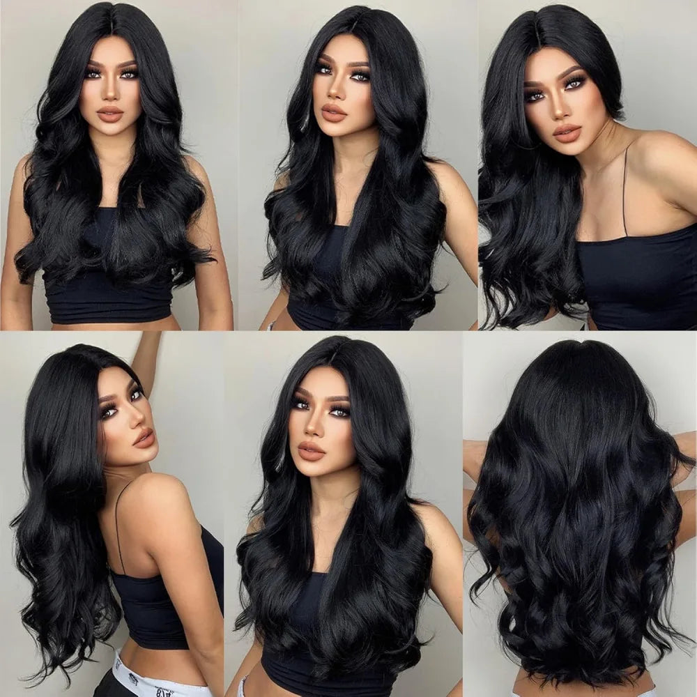 Fashion black brown synthetic wig in long curly hair full head set high temperature silk chemical fiber big wave head set