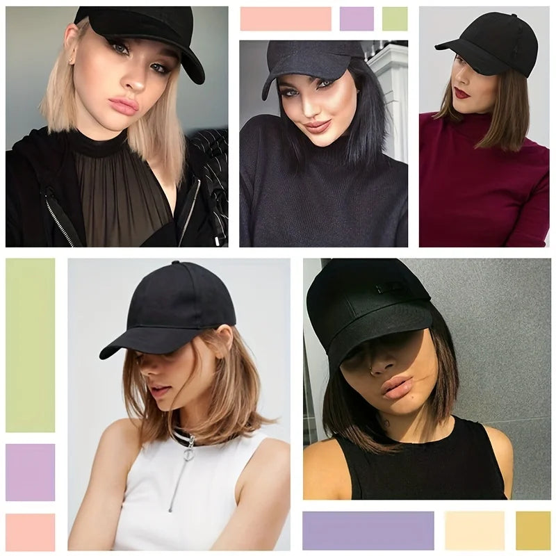 8Inch Synthetic Short Straight Wig Heat Resistant Fiber Stylish Girls' Baseball Hat Wig with Natural  Hair Peaked Cap
