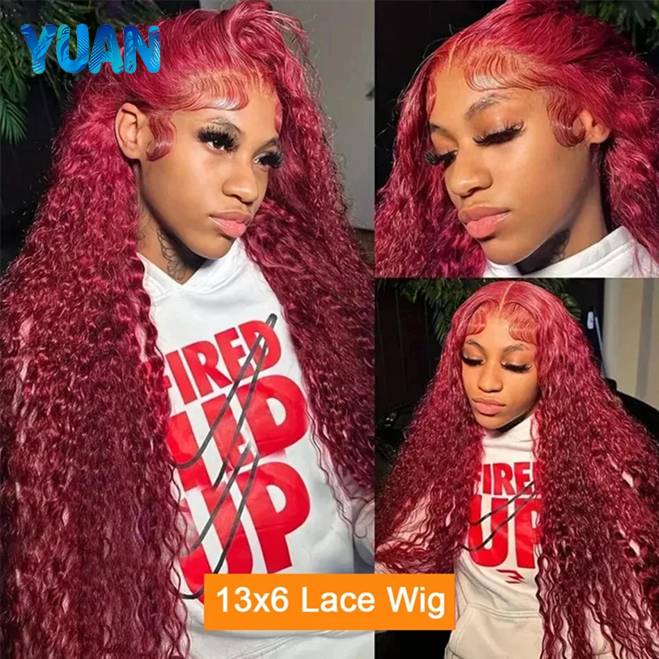 Burgundy 13x6 Hd Lace Frontal Human Hair Wig Deep Wave Curly Wigs For Women 30 Inch Water Wave Colored 99j Red Lace Front Wig