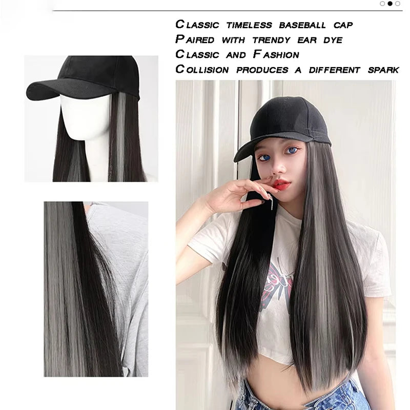 Baseball cap wig Synthetic Wigs With White Black Hat Long Straight Hair Wigs For Women connect Hat One Piece Wig Hat adjustable