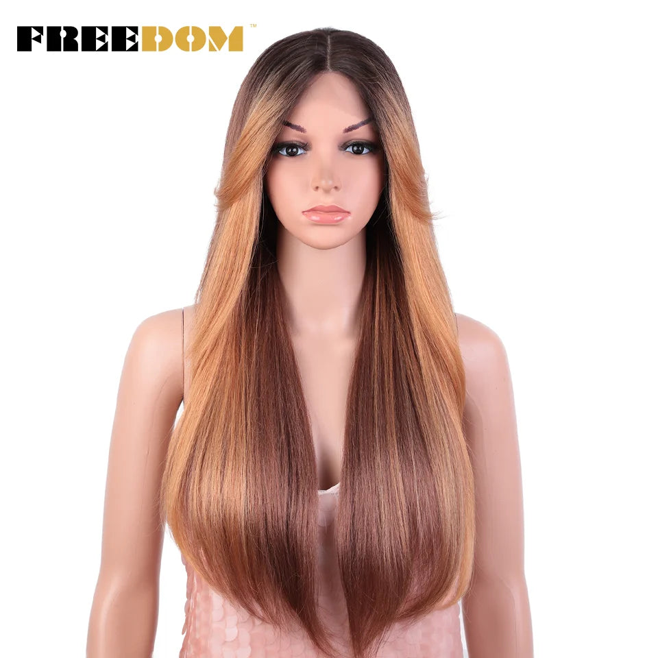 FREEDOM Synthetic Lace Front Wigs For Black Women 26 inch Straight Wigs Ombre Blond Cosplay Wig Synthetic Lace Wig With Bangs