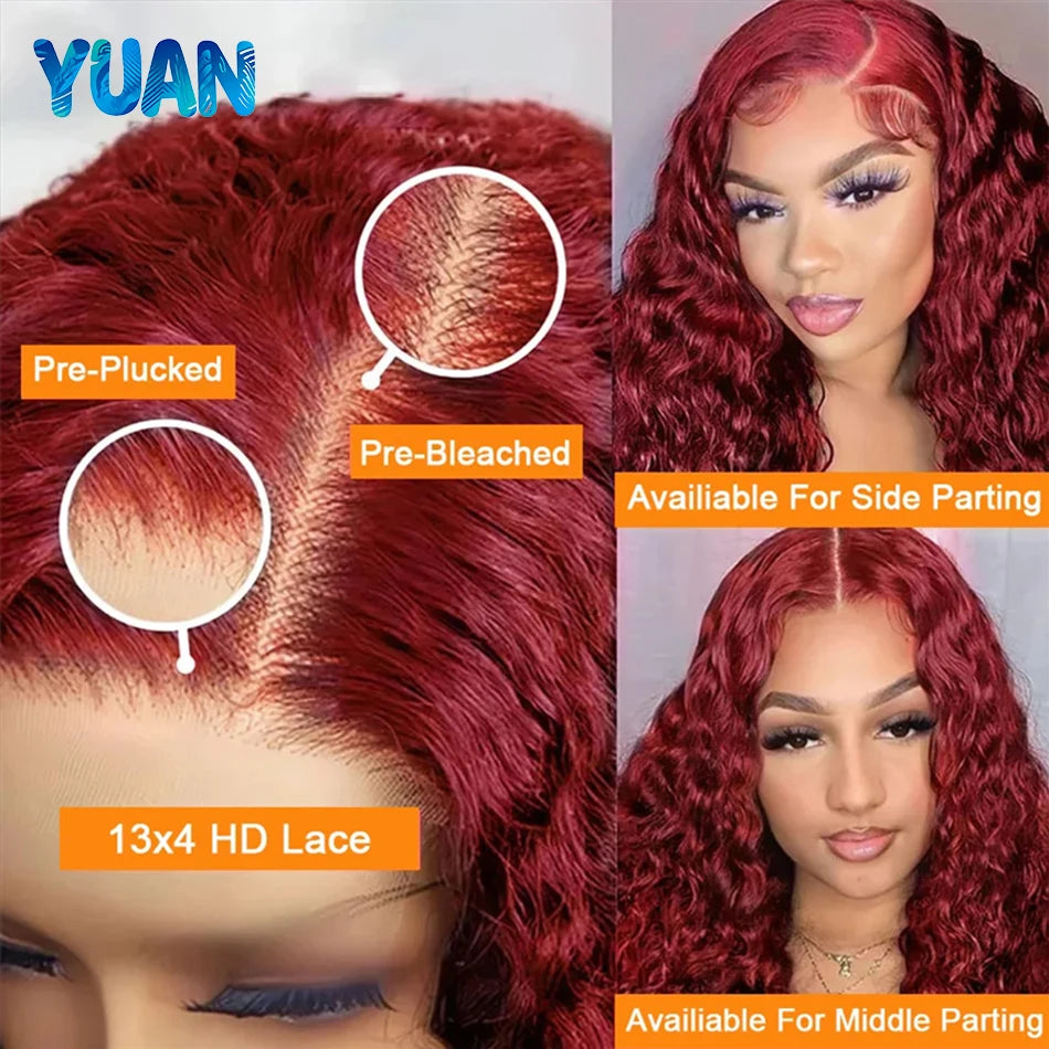 Burgundy 13x6 Hd Lace Frontal Human Hair Wig Deep Wave Curly Wigs For Women 30 Inch Water Wave Colored 99j Red Lace Front Wig