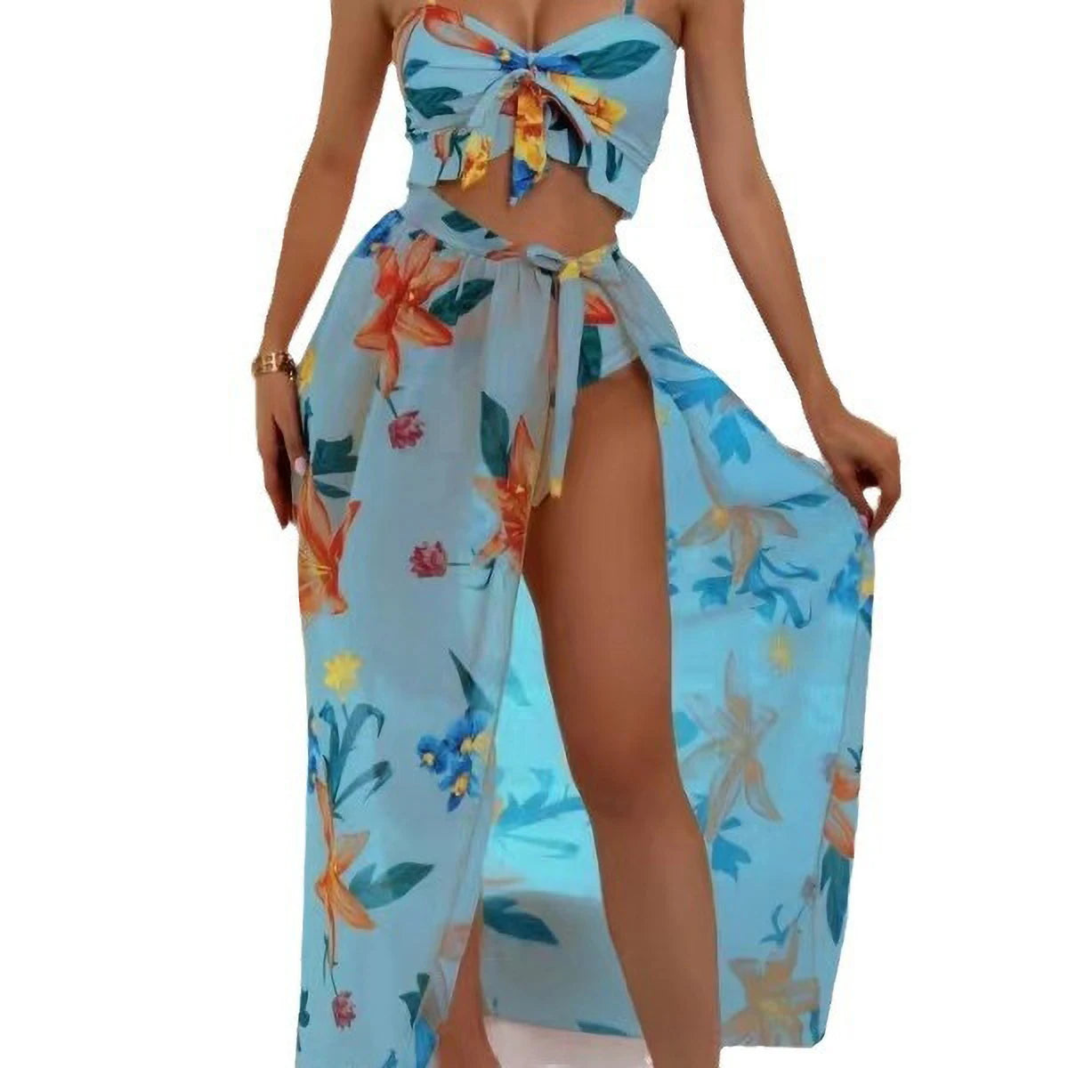 Vela Blue Brazilian Vikinis 2025 3 Piece Bikini Set Women High Waist Push Up & Padded Bra Printed Swimsuit with Skirt