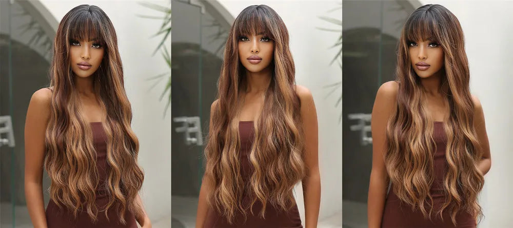 ALAN EATON Brown Highlight Synthetic Wigs with Bangs for Black Women Long Ombre Honey Brown Wave Wig Heat Resistant Hair Natural