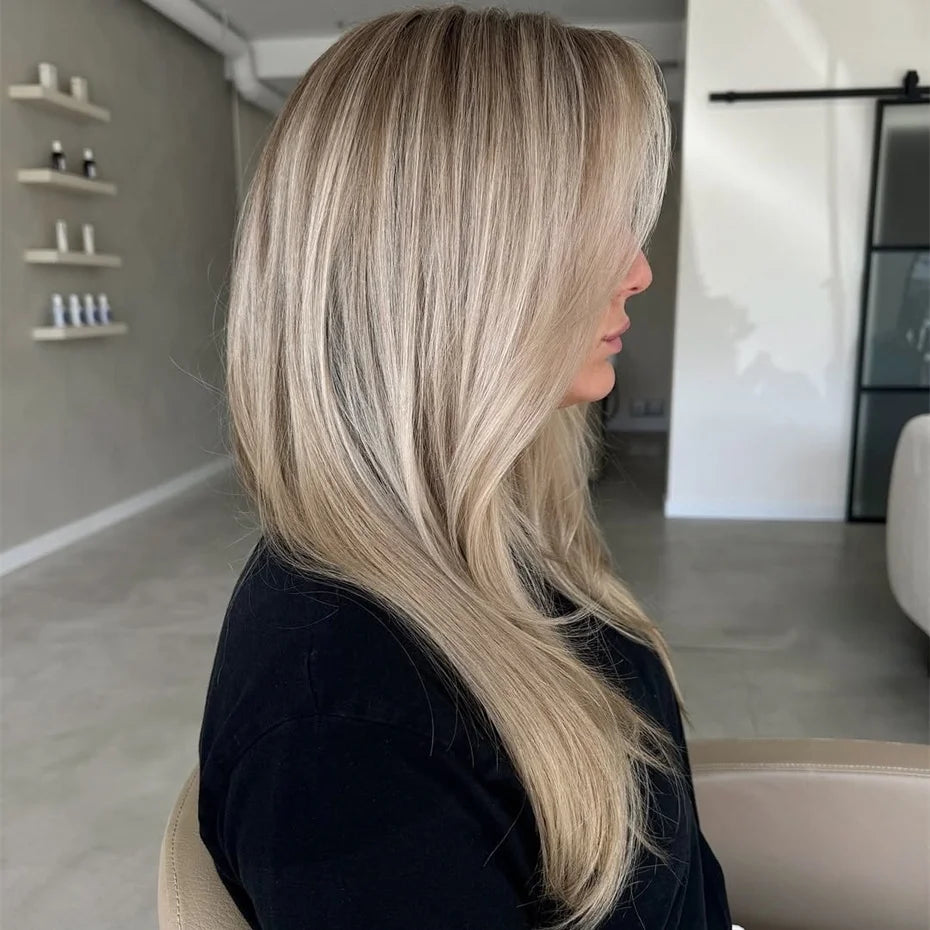 Straight 13x6 Ash Brown Highlight Lace Front Wig Human Hair Natural Hairline Ash Blonde Transparent Lace Frontal Wig For Women