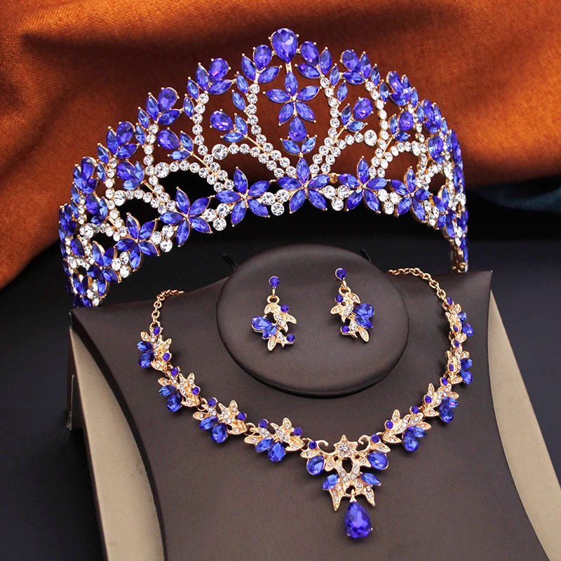 Ensembles de bijoux de mariée pour femmes, diadèmes de mariage de la reine royale, 3 pièces, collier, boucles d'oreilles et couronne, ensembles de mariée, accessoires de costume