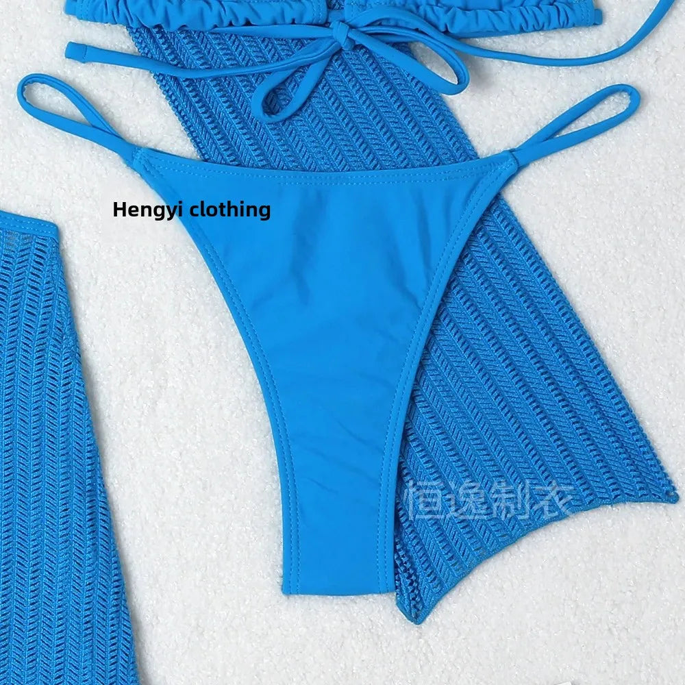 2025 New Cross-Border Tie-Dye Bikini Three-Piece Set Women's Net Sunshade Cover up Beach Skirt Suit Sportswear And Bag Accessori